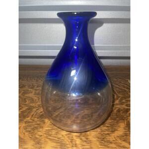 Vintage Hand Blown Clear And Cobalt Blue Teardrop Vase/Decanter Heavy